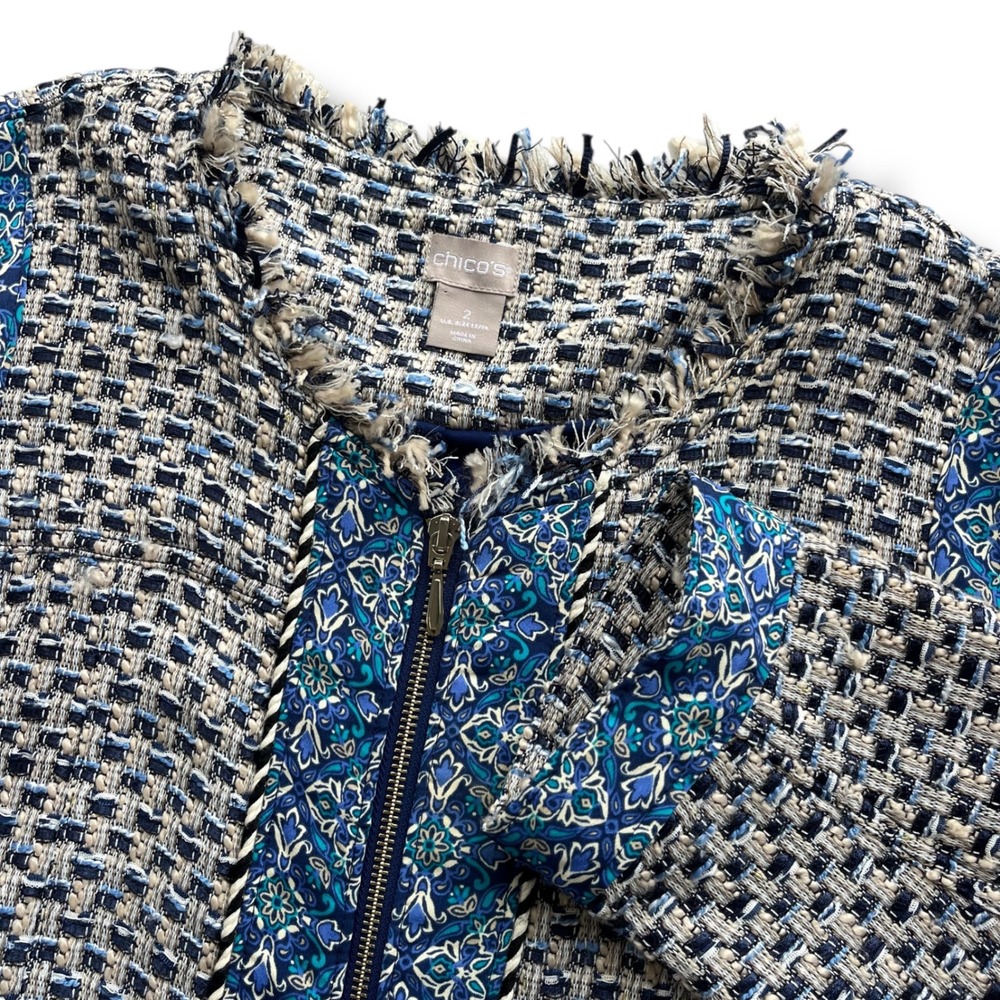 Chicos 2 Women L Blue Tweed Paisley Fringe Trim Zip Up Jacket Boho Preppy Career